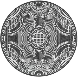 Black and White 6' 1 x 6' 1 Outdoor Traditional Round Area Rug Weather Resistant for Patio, Deck, Terrace, Balcony, Porch Classical Design Outside Carpet for Sale at Rug Engine