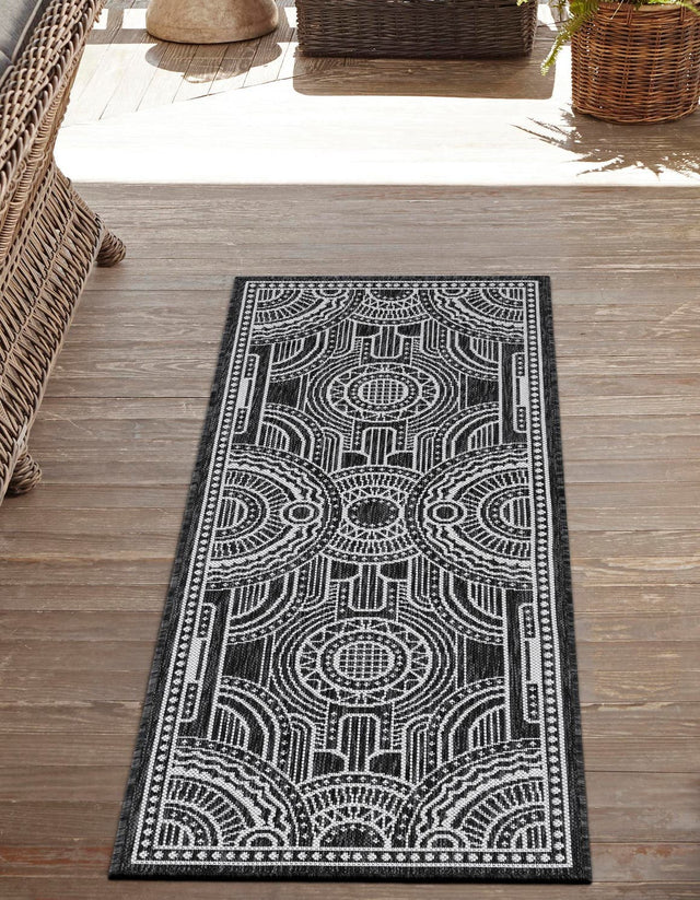 Black and White 2' x 8' Outdoor Traditional Runner Area Rug Weather Resistant for Patio, Deck, Terrace, Balcony, Porch Classical Design Outside Carpet for Sale at Rug Engine