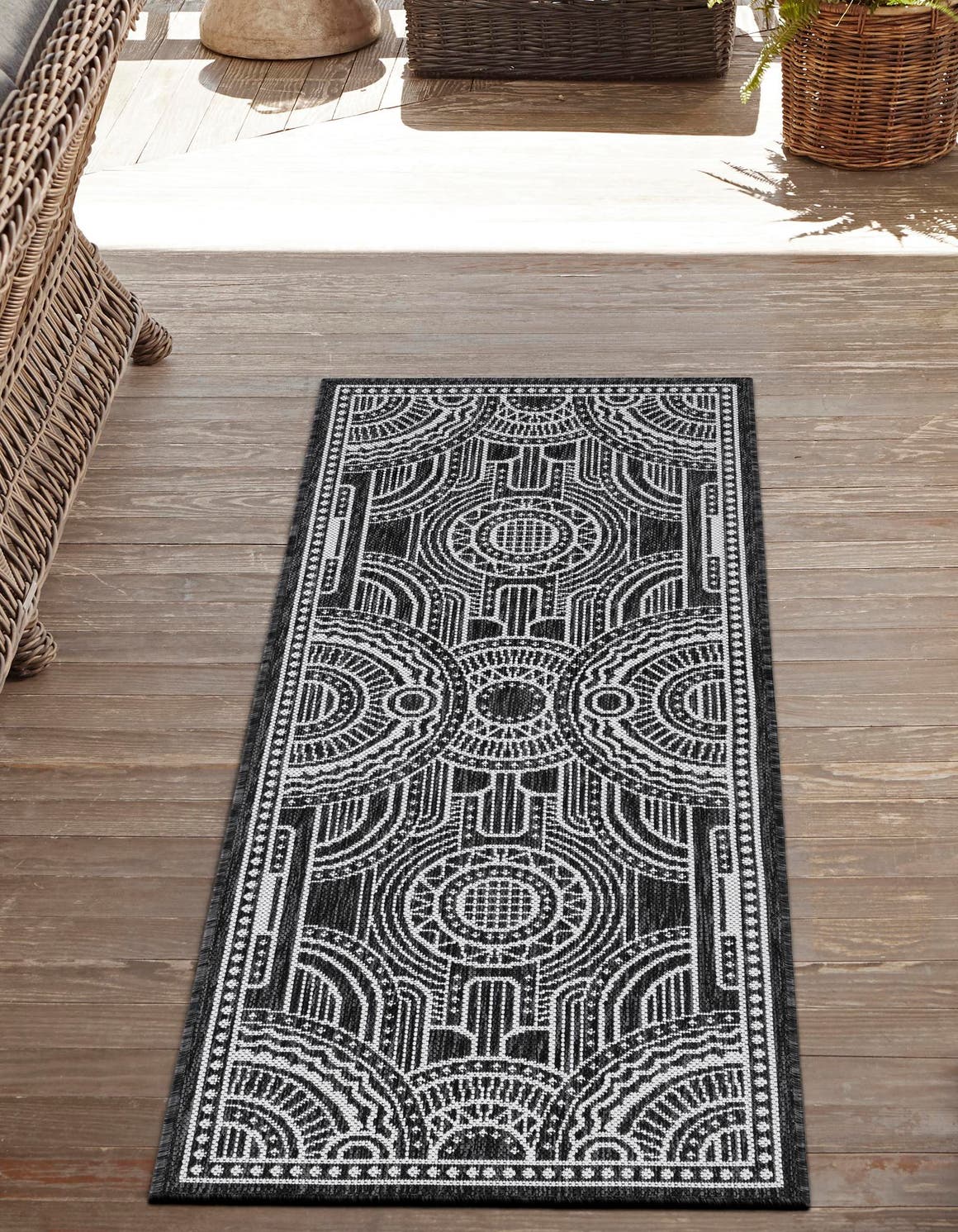Black and White 2' 7 x 12' Outdoor Traditional Runner Area Rug Weather Resistant for Patio, Deck, Terrace, Balcony, Porch Classical Design Outside Carpet for Sale at Rug Engine