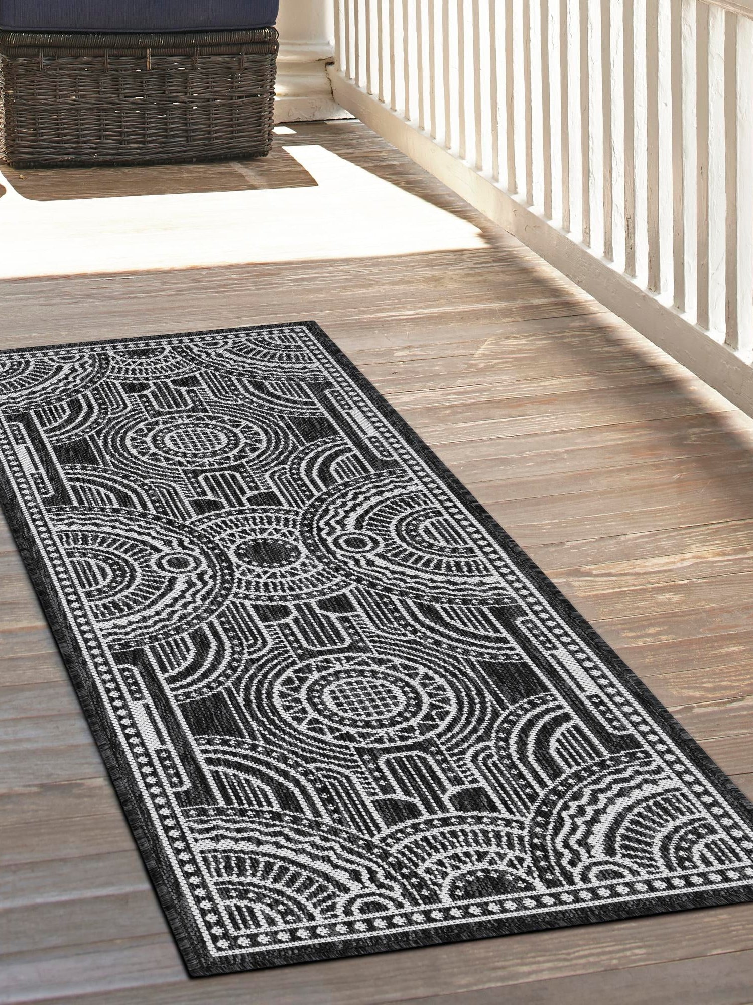 Black and White 2' x 6' 1 Outdoor Traditional Runner Area Rug Weather Resistant for Patio, Deck, Terrace, Balcony, Porch Classical Design Outside Carpet for Sale at Rug Engine
