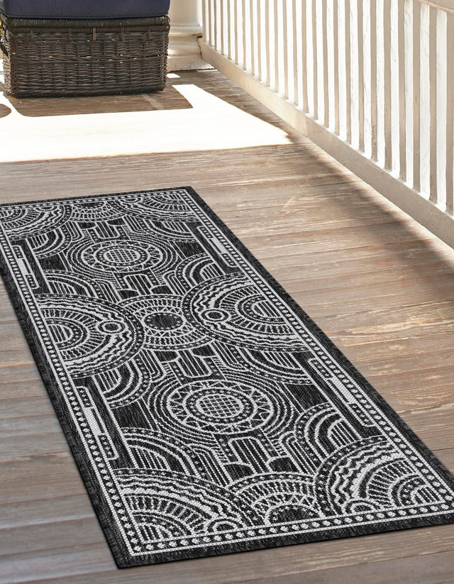 Black and White 2' x 6' 1 Outdoor Traditional Runner Area Rug Weather Resistant for Patio, Deck, Terrace, Balcony, Porch Classical Design Outside Carpet for Sale at Rug Engine