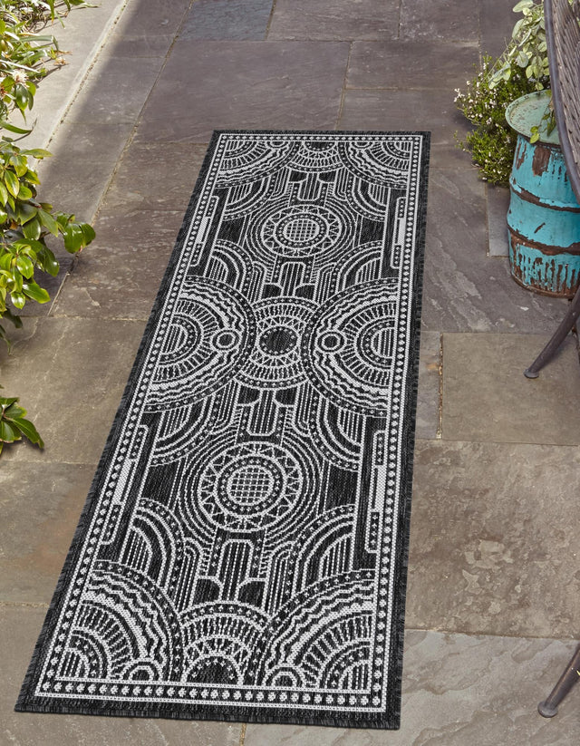 Black and White 3' x 12' Outdoor Traditional Runner Rug