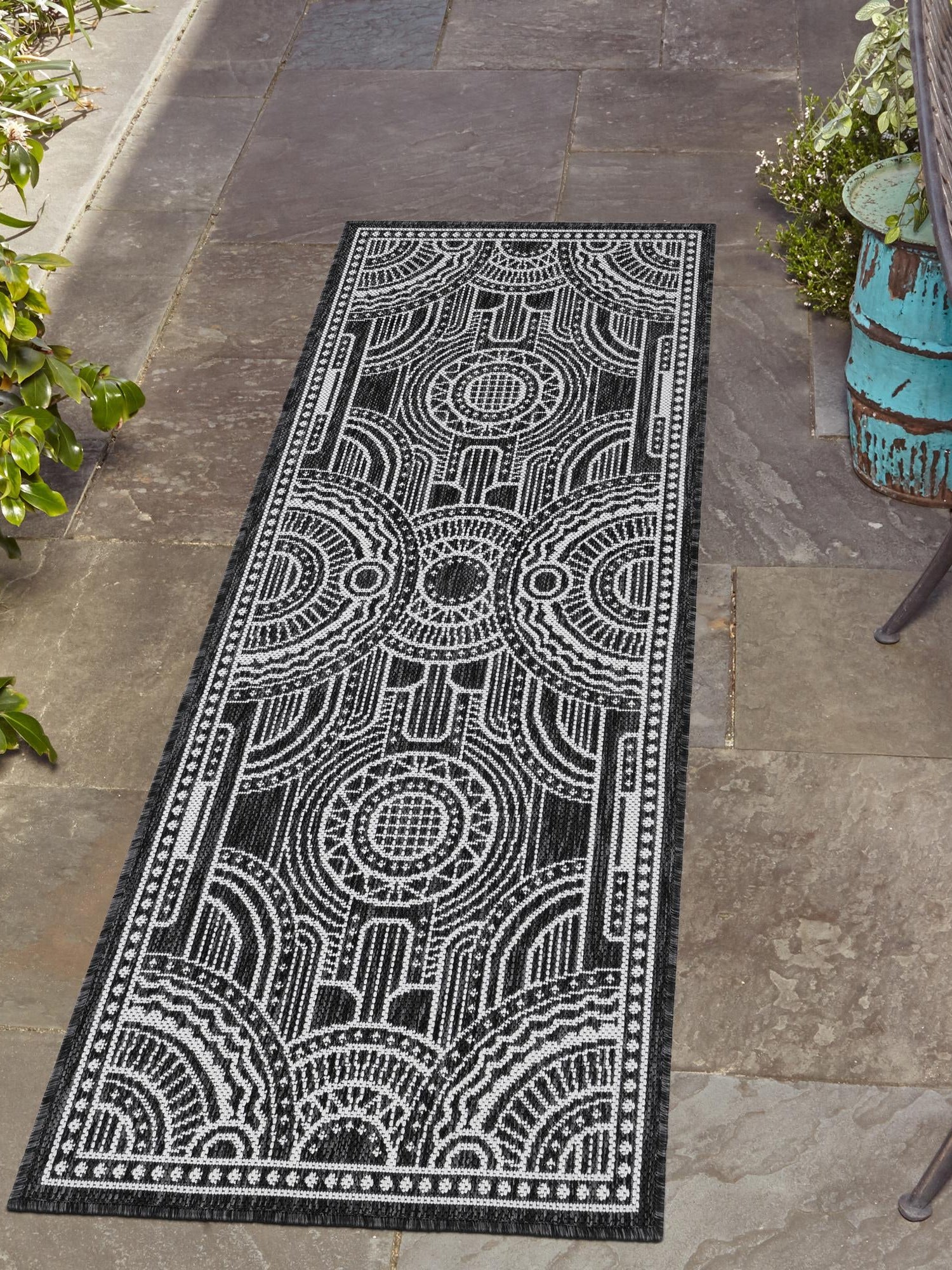 Black and White 2' x 6' 1 Outdoor Traditional Runner Area Rug Weather Resistant for Patio, Deck, Terrace, Balcony, Porch Classical Design Outside Carpet for Sale at Rug Engine