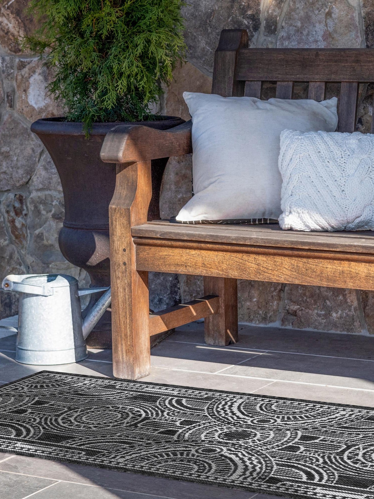 Black and White 2' x 5' 3 Outdoor Traditional Runner Area Rug Weather Resistant for Patio, Deck, Terrace, Balcony, Porch Classical Design Outside Carpet for Sale at Rug Engine