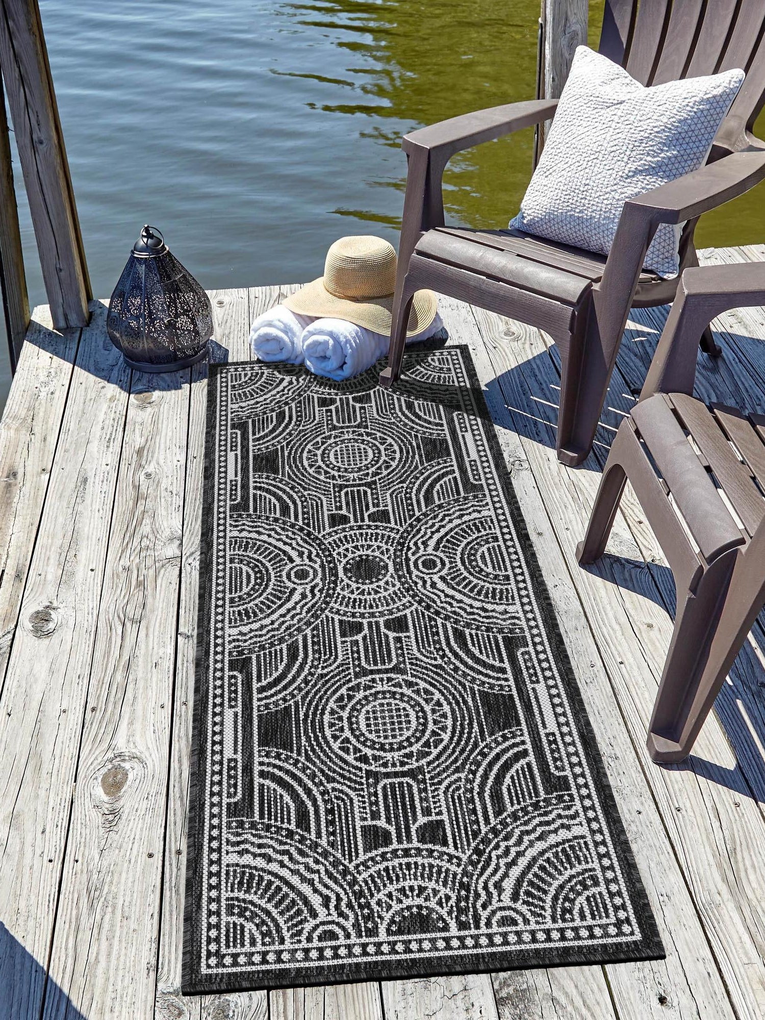 Black and White 2' x 5' 3 Outdoor Traditional Runner Area Rug Weather Resistant for Patio, Deck, Terrace, Balcony, Porch Classical Design Outside Carpet for Sale at Rug Engine