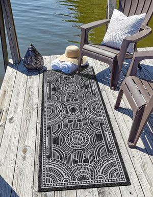 Black and White 2' x 6' 1 Outdoor Traditional Runner Area Rug Weather Resistant for Patio, Deck, Terrace, Balcony, Porch Classical Design Outside Carpet for Sale at Rug Engine