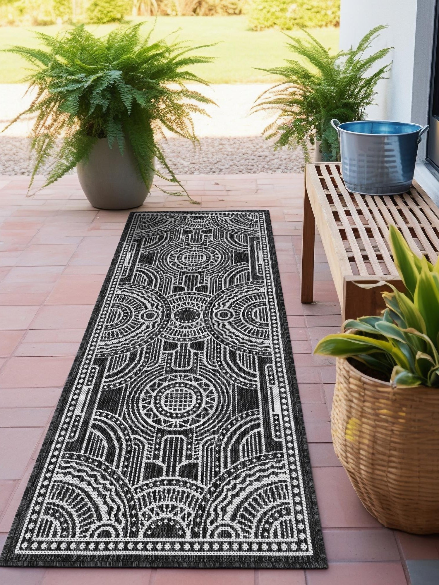 Black and White 2' x 6' 1 Outdoor Traditional Runner Area Rug Weather Resistant for Patio, Deck, Terrace, Balcony, Porch Classical Design Outside Carpet for Sale at Rug Engine