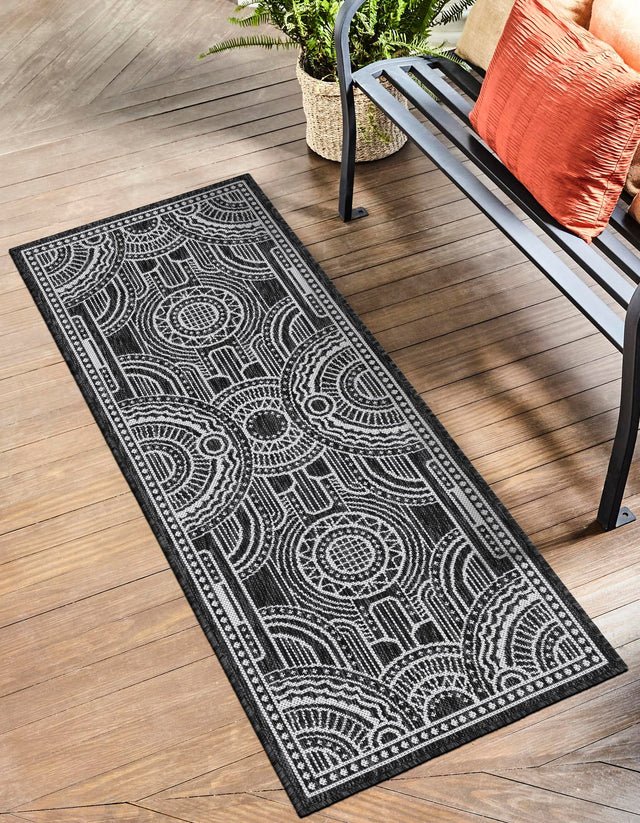 Black and White 2' x 6' 1 Outdoor Traditional Runner Area Rug Weather Resistant for Patio, Deck, Terrace, Balcony, Porch Classical Design Outside Carpet for Sale at Rug Engine