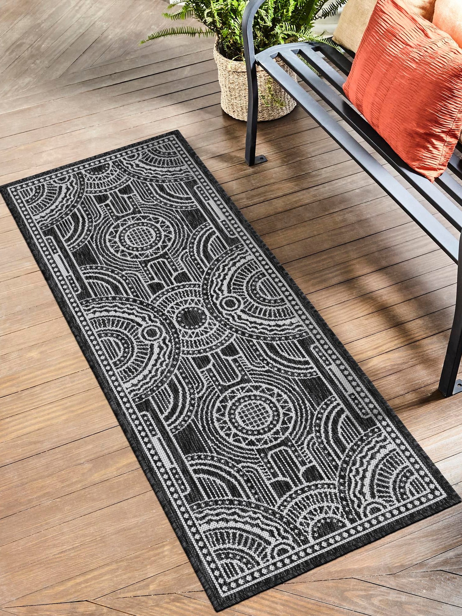 Black and White 2' x 8' Outdoor Traditional Runner Area Rug Weather Resistant for Patio, Deck, Terrace, Balcony, Porch Classical Design Outside Carpet for Sale at Rug Engine