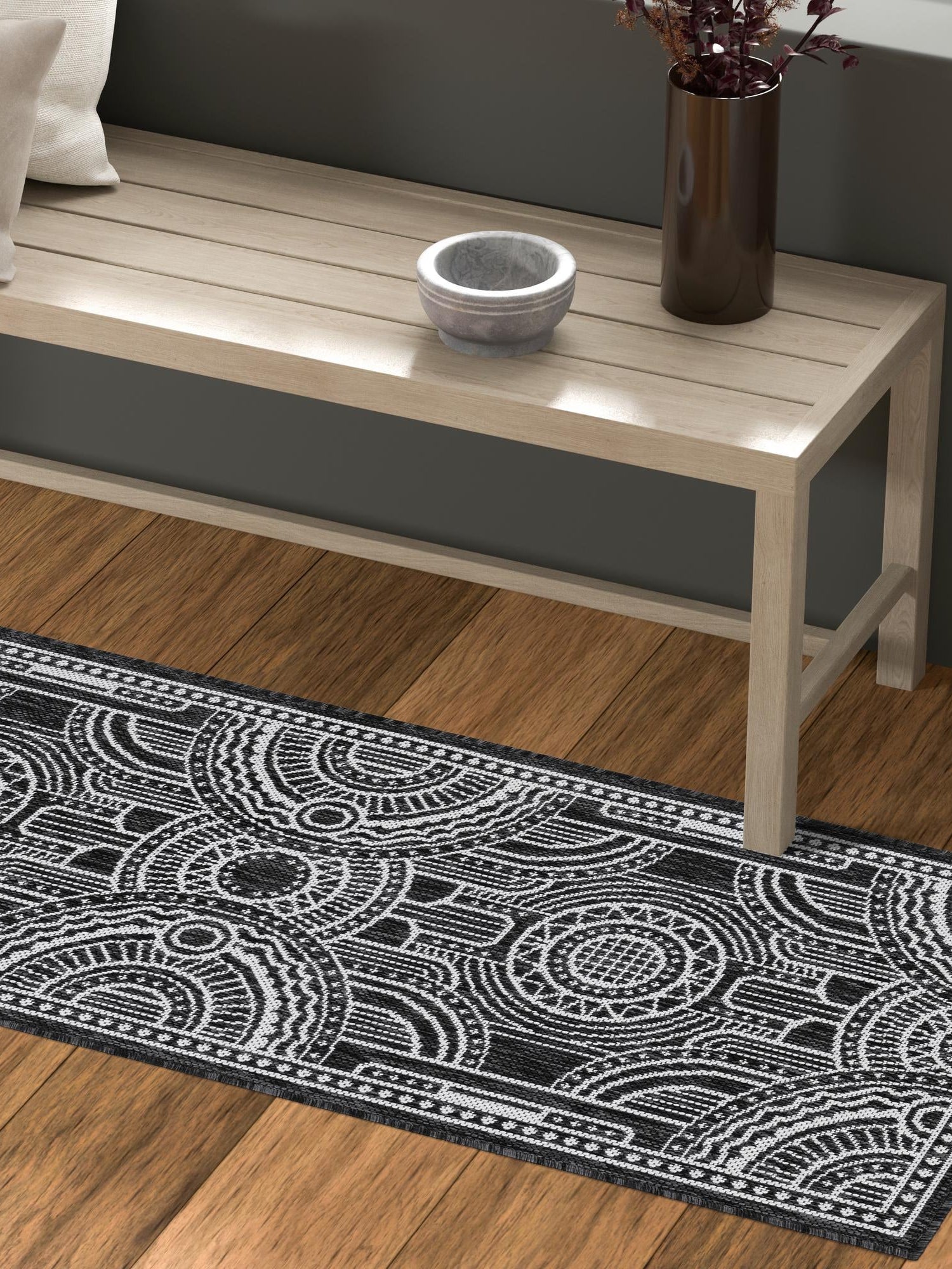 Black and White 2' x 6' 1 Outdoor Traditional Runner Area Rug Weather Resistant for Patio, Deck, Terrace, Balcony, Porch Classical Design Outside Carpet for Sale at Rug Engine