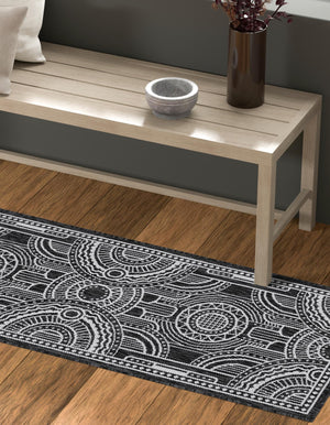 Black and White 2' x 6' 1 Outdoor Traditional Runner Area Rug Weather Resistant for Patio, Deck, Terrace, Balcony, Porch Classical Design Outside Carpet for Sale at Rug Engine