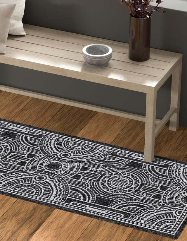 Black and White 2' x 5' 3 Outdoor Traditional Runner Area Rug Weather Resistant for Patio, Deck, Terrace, Balcony, Porch Classical Design Outside Carpet for Sale at Rug Engine