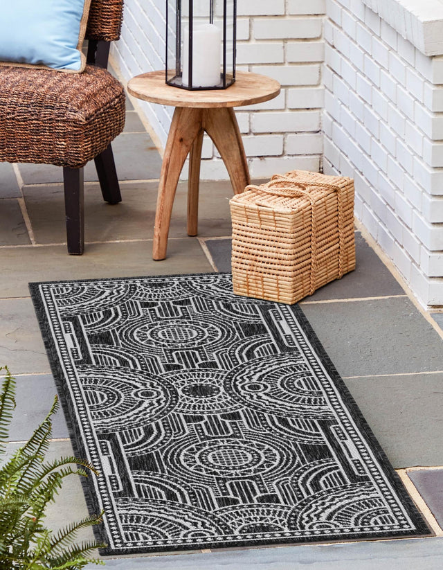 Black and White 2' x 8' Outdoor Traditional Runner Area Rug Weather Resistant for Patio, Deck, Terrace, Balcony, Porch Classical Design Outside Carpet for Sale at Rug Engine