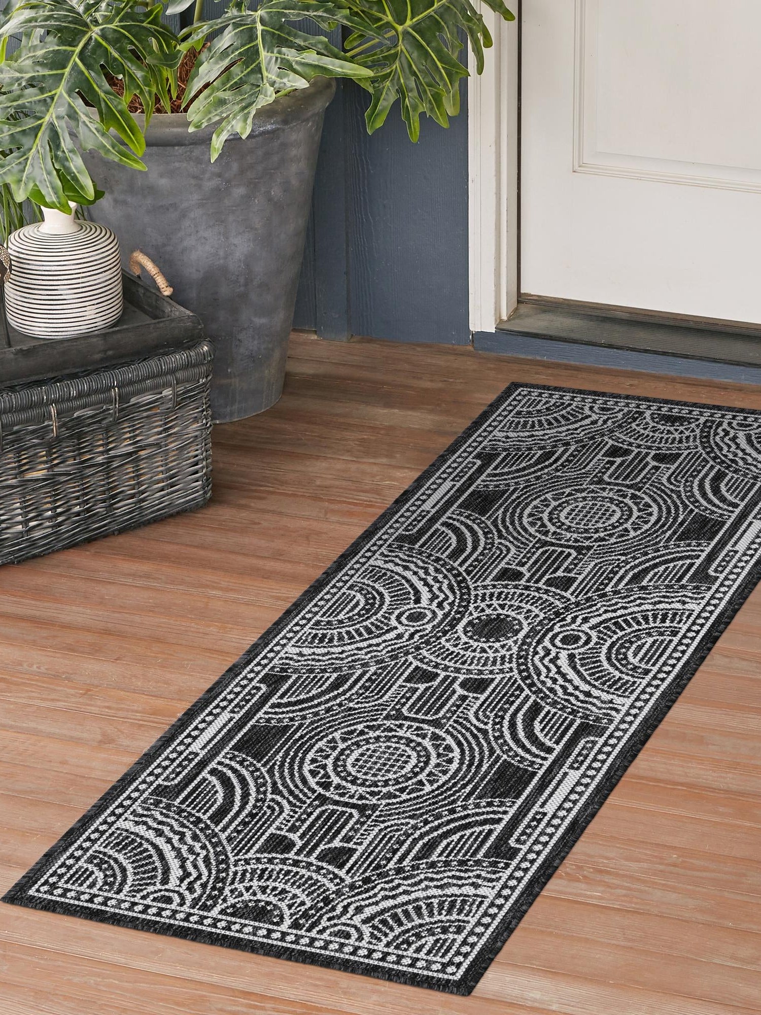 Black and White 2' x 5' 3 Outdoor Traditional Runner Area Rug Weather Resistant for Patio, Deck, Terrace, Balcony, Porch Classical Design Outside Carpet for Sale at Rug Engine