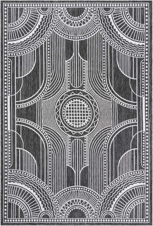 Black and White 6' 1 x 9' Outdoor Traditional Rectangle Area Rug Weather Resistant for Patio, Deck, Terrace, Balcony, Porch Classical Design Outside Carpet for Sale at Rug Engine