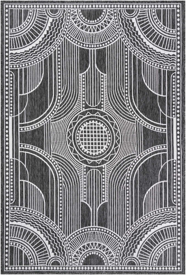 Black and White 6' 1 x 9' Outdoor Traditional Rectangle Area Rug Weather Resistant for Patio, Deck, Terrace, Balcony, Porch Classical Design Outside Carpet for Sale at Rug Engine