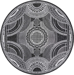 Black and White 7' 10 x 7' 10 Outdoor Traditional Round Area Rug Weather Resistant for Patio, Deck, Terrace, Balcony, Porch Classical Design Outside Carpet for Sale at Rug Engine