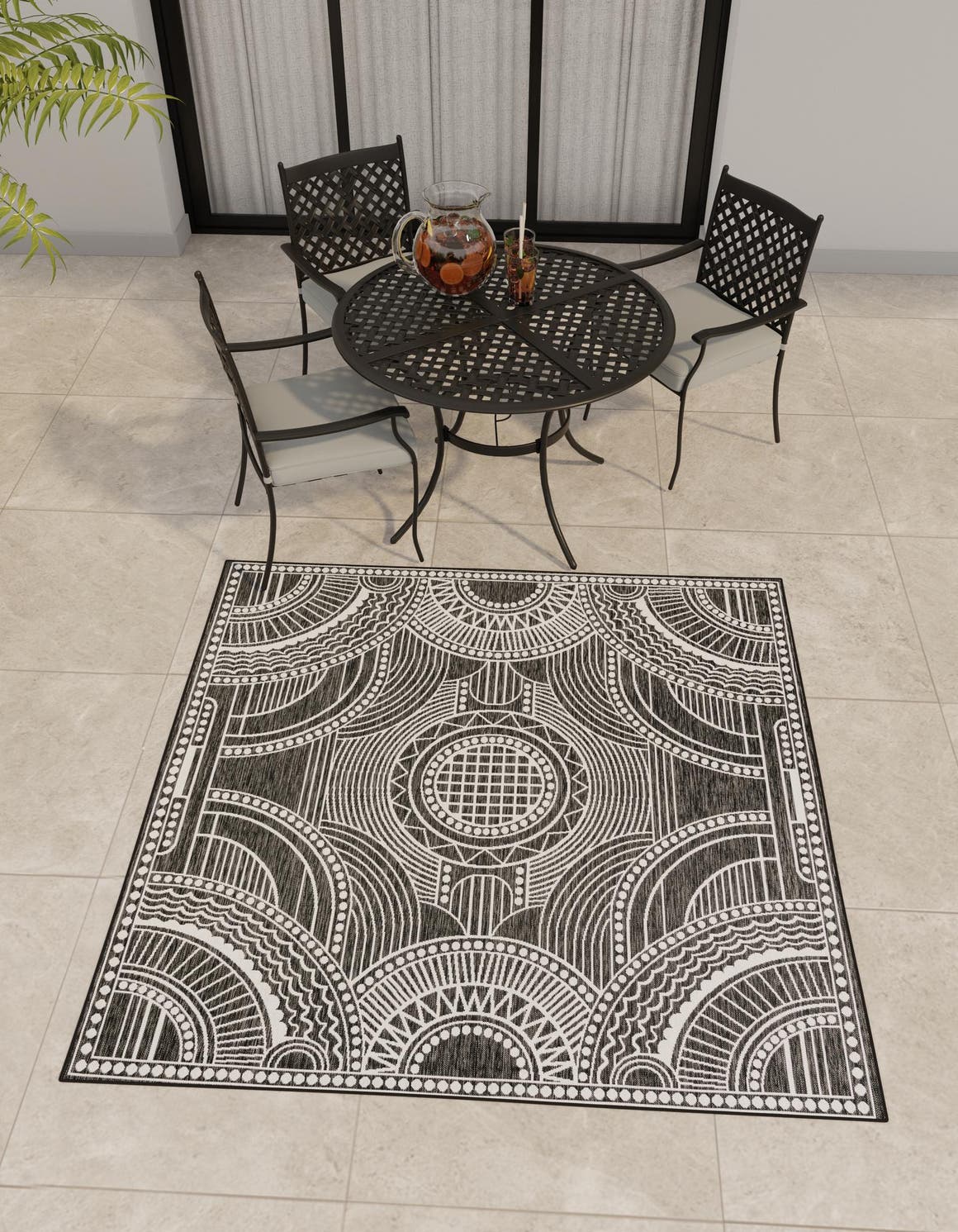 Black and White 7' 10 x 7' 10 Outdoor Traditional Square Area Rug Weather Resistant for Patio, Deck, Terrace, Balcony, Porch Classical Design Outside Carpet for Sale at Rug Engine