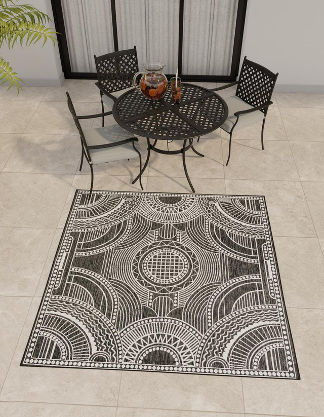 Black and White 7' 10 x 7' 10 Outdoor Traditional Square Area Rug Weather Resistant for Patio, Deck, Terrace, Balcony, Porch Classical Design Outside Carpet for Sale at Rug Engine