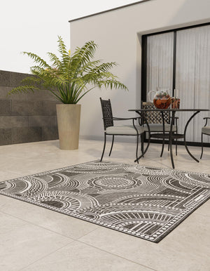 Black and White 10' x 10' Outdoor Traditional Square Area Rug Weather Resistant for Patio, Deck, Terrace, Balcony, Porch Classical Design Outside Carpet for Sale at Rug Engine