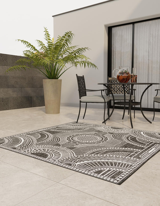 Black and White 10' x 10' Outdoor Traditional Square Area Rug Weather Resistant for Patio, Deck, Terrace, Balcony, Porch Classical Design Outside Carpet for Sale at Rug Engine