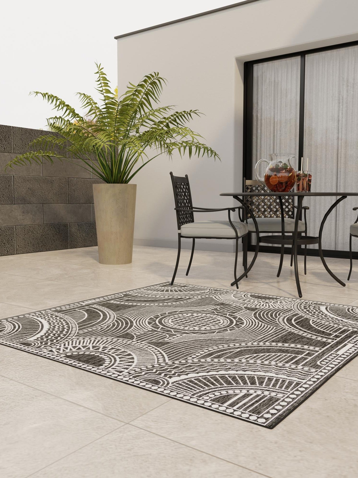 Black and White 7' 10 x 7' 10 Outdoor Traditional Square Area Rug Weather Resistant for Patio, Deck, Terrace, Balcony, Porch Classical Design Outside Carpet for Sale at Rug Engine