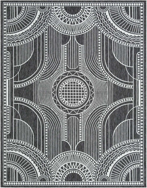 Black and White 7' 10 x 10' Outdoor Traditional Rectangle Area Rug Weather Resistant for Patio, Deck, Terrace, Balcony, Porch Classical Design Outside Carpet for Sale at Rug Engine