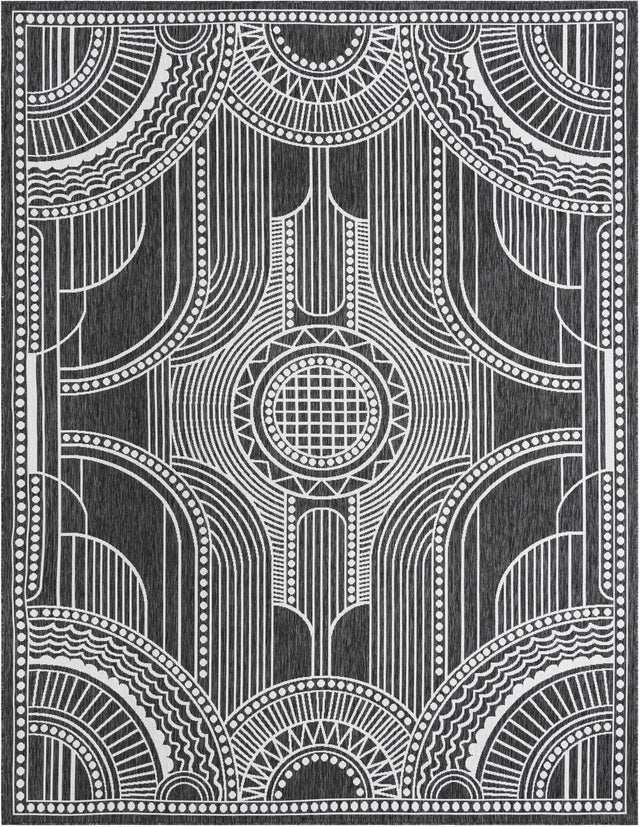 Black and White 9' x 12' Outdoor Traditional Rectangle Area Rug Weather Resistant for Patio, Deck, Terrace, Balcony, Porch Classical Design Outside Carpet for Sale at Rug Engine