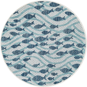 Blue 3' 1 x 3' 1 Outdoor Coastal Round Area Rug Weather Resistant for Patio, Deck, Terrace, Balcony, Porch 100% Polypropylene Coastal Decor Carpet for Sale at Rug Engine