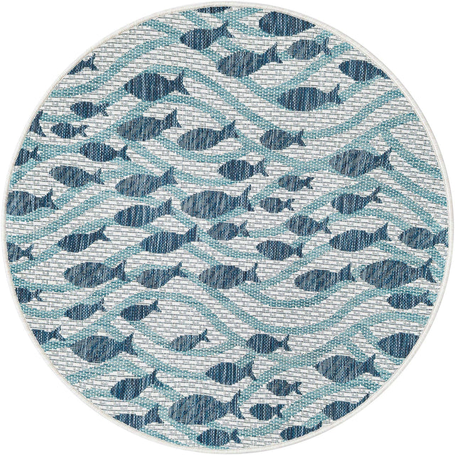 Blue 3' 1 x 3' 1 Outdoor Coastal Round Area Rug Weather Resistant for Patio, Deck, Terrace, Balcony, Porch 100% Polypropylene Coastal Decor Carpet for Sale at Rug Engine