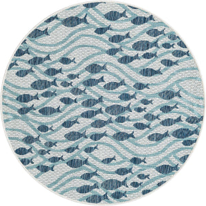 Blue 4' 1 x 4' 1 Outdoor Coastal Round Area Rug Weather Resistant for Patio, Deck, Terrace, Balcony, Porch 100% Polypropylene Coastal Decor Carpet for Sale at Rug Engine