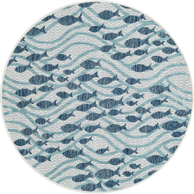Blue 4' 1 x 4' 1 Outdoor Coastal Round Area Rug Weather Resistant for Patio, Deck, Terrace, Balcony, Porch 100% Polypropylene Coastal Decor Carpet for Sale at Rug Engine