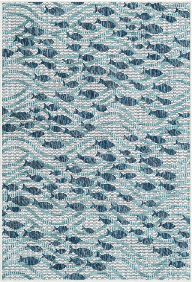 Blue 4' 1 x 6' 1 Outdoor Coastal Rectangle Area Rug Weather Resistant for Patio, Deck, Terrace, Balcony, Porch 100% Polypropylene Coastal Decor Carpet for Sale at Rug Engine