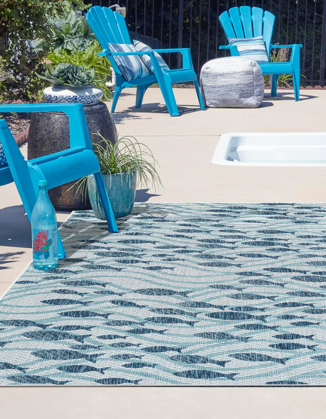 Blue 7' 10 x 10' Outdoor Coastal Rectangle Area Rug Weather Resistant for Patio, Deck, Terrace, Balcony, Porch 100% Polypropylene Coastal Decor Carpet for Sale at Rug Engine