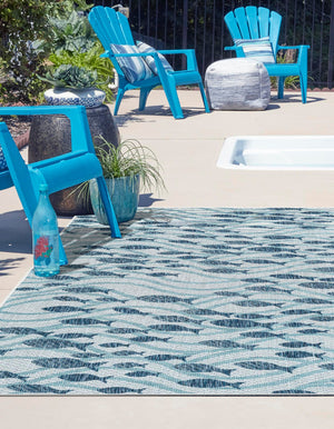Blue 7' 10 x 11' Outdoor Coastal Rectangle Area Rug Weather Resistant for Patio, Deck, Terrace, Balcony, Porch 100% Polypropylene Coastal Decor Carpet for Sale at Rug Engine
