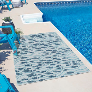 Blue 5' 3 x 7' 1 Outdoor Coastal Rectangle Area Rug Weather Resistant for Patio, Deck, Terrace, Balcony, Porch 100% Polypropylene Coastal Decor Carpet for Sale at Rug Engine