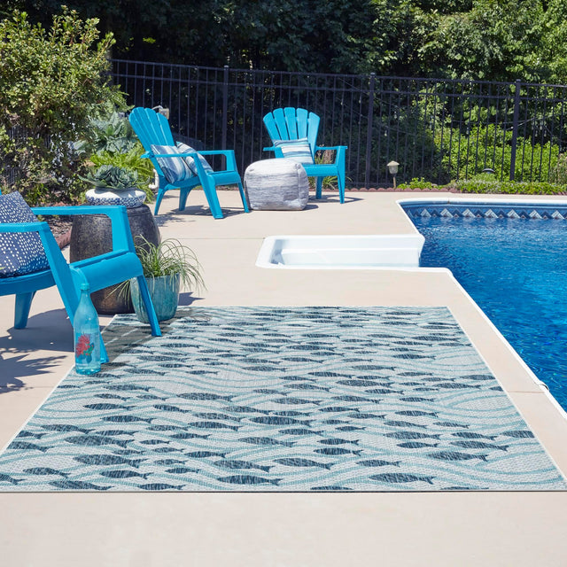 Blue 5' 3 x 7' 1 Outdoor Coastal Rectangle Area Rug Weather Resistant for Patio, Deck, Terrace, Balcony, Porch 100% Polypropylene Coastal Decor Carpet for Sale at Rug Engine