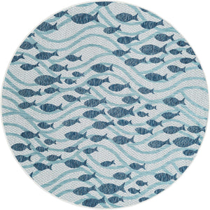 Blue 6' 1 x 6' 1 Outdoor Coastal Round Area Rug Weather Resistant for Patio, Deck, Terrace, Balcony, Porch 100% Polypropylene Coastal Decor Carpet for Sale at Rug Engine
