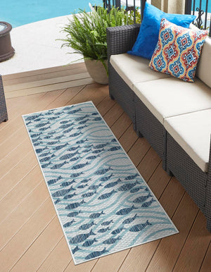 Blue 2' x 8' Outdoor Coastal Runner Area Rug Weather Resistant for Patio, Deck, Terrace, Balcony, Porch 100% Polypropylene Coastal Decor Carpet for Sale at Rug Engine