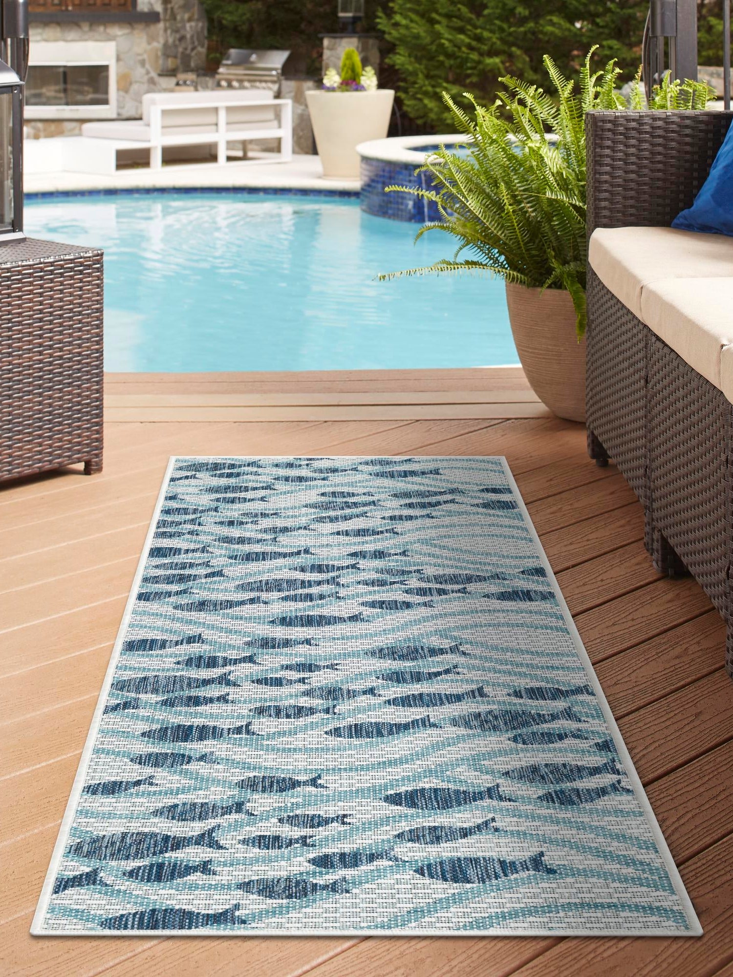 Blue 2' x 5' 3 Outdoor Coastal Runner Area Rug Weather Resistant for Patio, Deck, Terrace, Balcony, Porch 100% Polypropylene Coastal Decor Carpet for Sale at Rug Engine