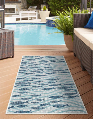 Blue 2' x 8' Outdoor Coastal Runner Area Rug Weather Resistant for Patio, Deck, Terrace, Balcony, Porch 100% Polypropylene Coastal Decor Carpet for Sale at Rug Engine