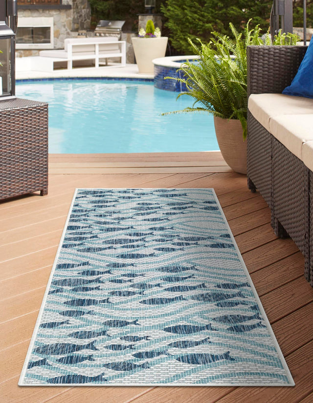 Blue 2' x 8' Outdoor Coastal Runner Area Rug Weather Resistant for Patio, Deck, Terrace, Balcony, Porch 100% Polypropylene Coastal Decor Carpet for Sale at Rug Engine
