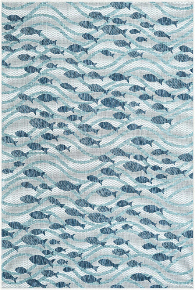 Blue 6' 1 x 9' Outdoor Coastal Rectangle Area Rug Weather Resistant for Patio, Deck, Terrace, Balcony, Porch 100% Polypropylene Coastal Decor Carpet for Sale at Rug Engine