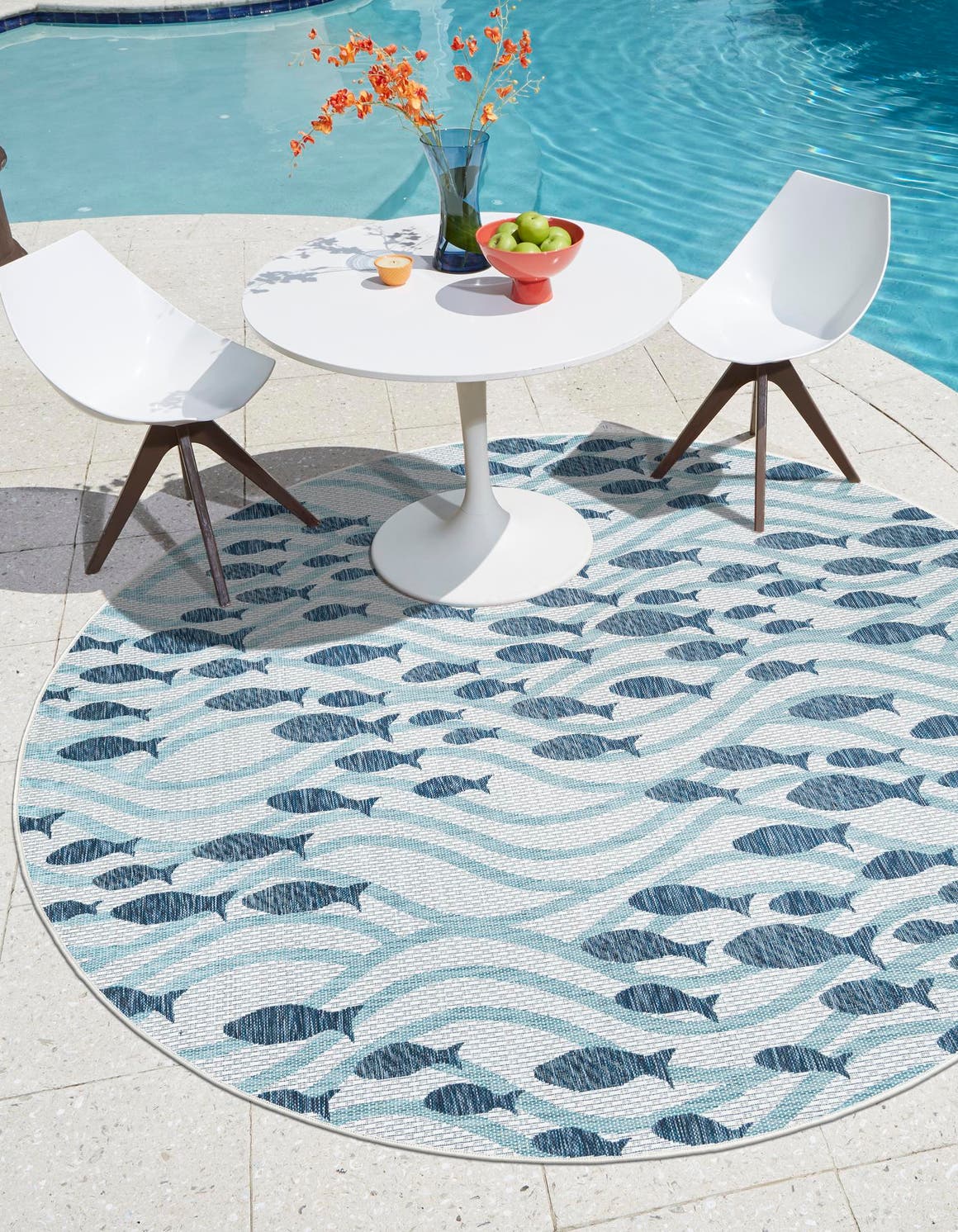 Blue 3' 1 x 3' 1 Outdoor Coastal Round Area Rug Weather Resistant for Patio, Deck, Terrace, Balcony, Porch 100% Polypropylene Coastal Decor Carpet for Sale at Rug Engine