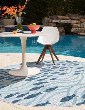 Blue 6' 1 x 6' 1 Outdoor Coastal Round Area Rug Weather Resistant for Patio, Deck, Terrace, Balcony, Porch 100% Polypropylene Coastal Decor Carpet for Sale at Rug Engine