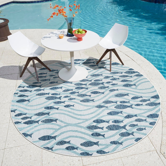 Blue 5' 3 x 5' 3 Outdoor Coastal Round Area Rug Weather Resistant for Patio, Deck, Terrace, Balcony, Porch 100% Polypropylene Coastal Decor Carpet for Sale at Rug Engine