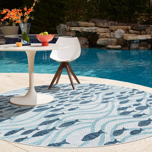 Blue 5' 3 x 5' 3 Outdoor Coastal Round Area Rug Weather Resistant for Patio, Deck, Terrace, Balcony, Porch 100% Polypropylene Coastal Decor Carpet for Sale at Rug Engine
