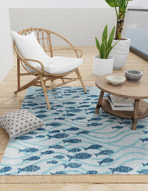 Blue 6' 1 x 6' 1 Outdoor Coastal Square Area Rug Weather Resistant for Patio, Deck, Terrace, Balcony, Porch 100% Polypropylene Coastal Decor Carpet for Sale at Rug Engine