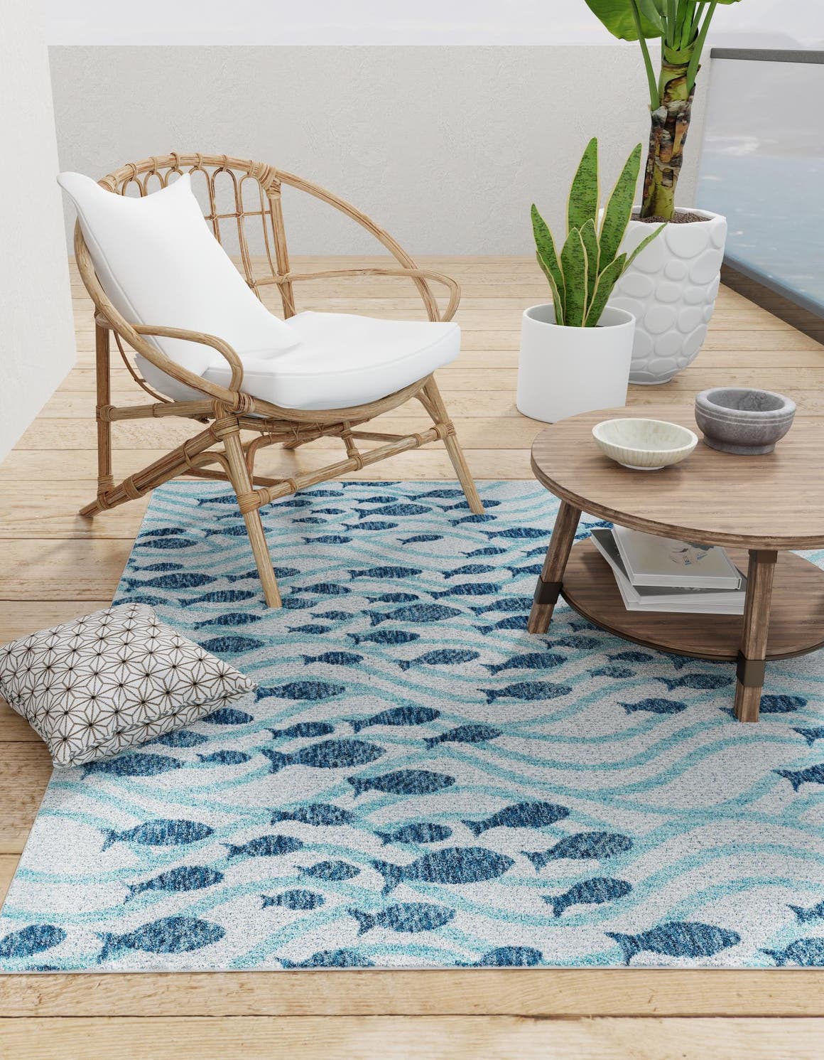 Blue 5' 3 x 5' 3 Outdoor Coastal Square Area Rug Weather Resistant for Patio, Deck, Terrace, Balcony, Porch 100% Polypropylene Coastal Decor Carpet for Sale at Rug Engine