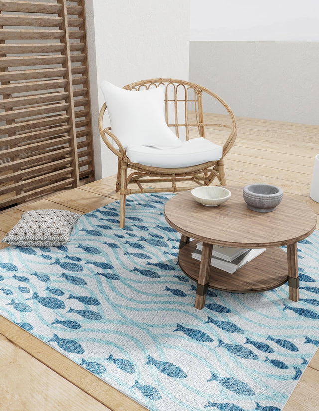 Blue 6' 1 x 6' 1 Outdoor Coastal Square Area Rug Weather Resistant for Patio, Deck, Terrace, Balcony, Porch 100% Polypropylene Coastal Decor Carpet for Sale at Rug Engine